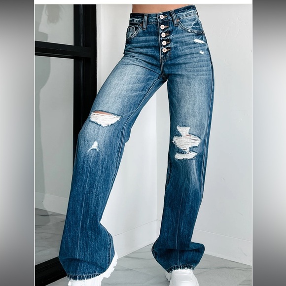 KanCan Denim - KanCan High Rise 90’s Ripped Wide Leg Relaxed Fit Distressed/Ripped Knees Sz 28